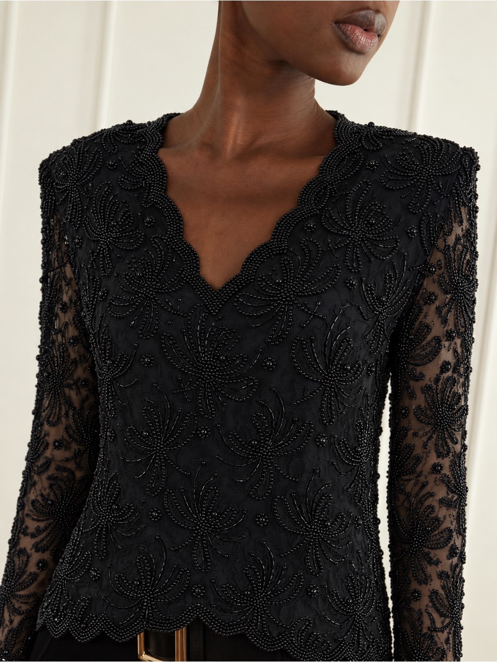 Vintage Laurence Kazar Black Beaded Lace Evening Blouse Sheer Sleeves L